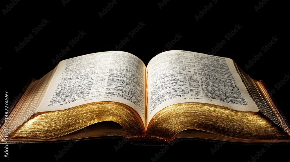 Obraz premium Open old Bible with golden pages. Scripture reading for spiritual guidance and religious study. Christian faith, education, inspiration concept.