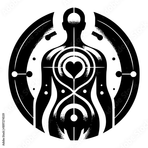 Body and Soul: An artistic illustration of the human form is encircled by symbolic design. The center heart and balanced lines evoke a sense of equilibrium and profound spirituality.