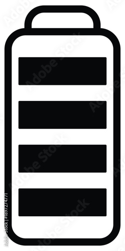 Single battery charge indicator showing full power level with five black bars on white Background
