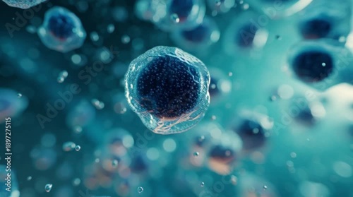 Biological Cells Dividing 3D Render, Microscopic Blue Lighting, Floating and Multiplying, Medical Science Animation