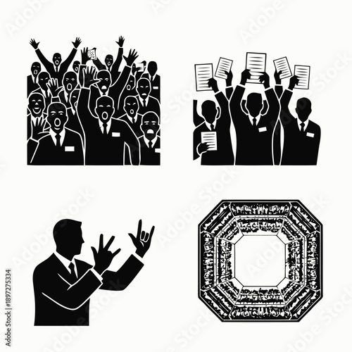 Collection of black and white vector illustrations featuring business people, protest crowds, expressive gestures, and an ornate decorative frame.