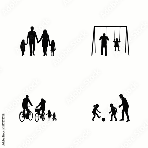 Family silhouette collection showing parents and children enjoying various outdoor activities like walking, swinging, cycling, and playing soccer, symbolizing togetherness and active childhood.