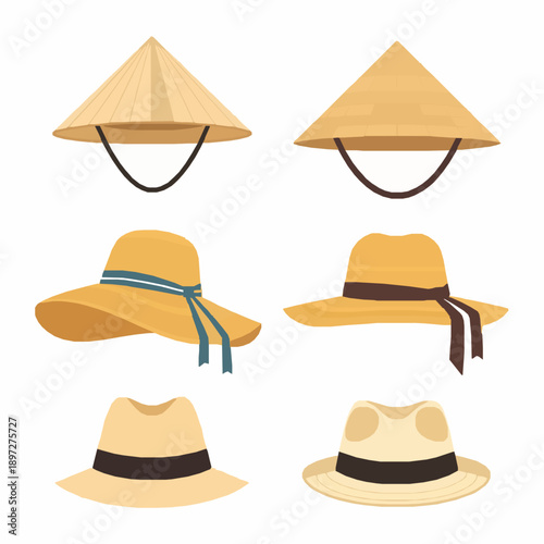 Traditional Asian Straw Hats Vector Collection – Non La Farmer Headdress Flat Style
