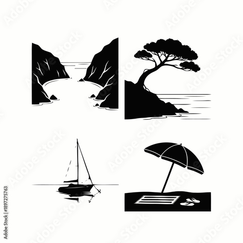 Coastal and beach vacation elements set with bay, tree, sailboat, and beach umbrella silhouettes