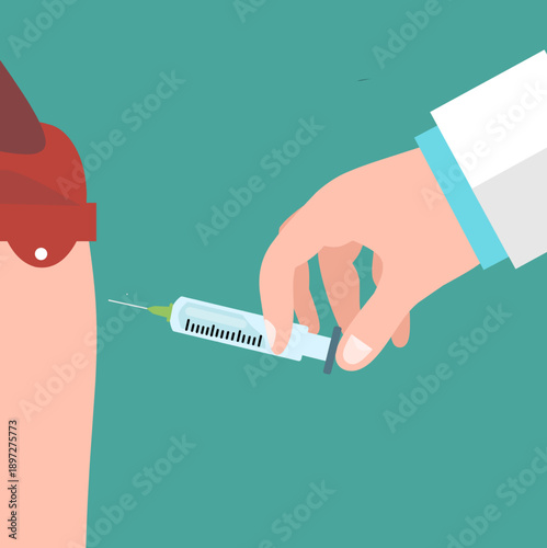 Vector illustration of a medical professional’s hand administering a vaccination with a syringe into a patient's arm. Representing immunization, healthcare services, and clinical treatment.