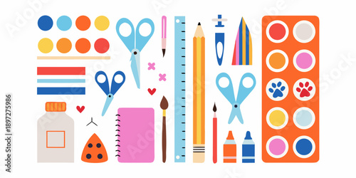 Colorful school and art supplies arranged in a flat lay composition