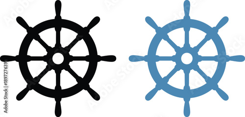 Ship wheel icon set, nautical steering wheel symbols in black and blue isolated on white background for maritime design