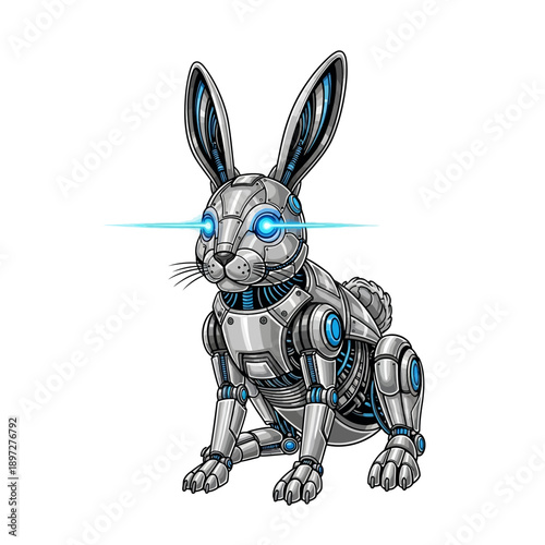 Cyborg rabbit with glowing blue eyes and metallic body