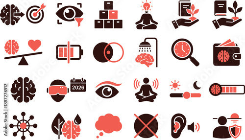 Collection of various black and red icons representing emotions, technology, and psychology from a straightforward viewpoint
