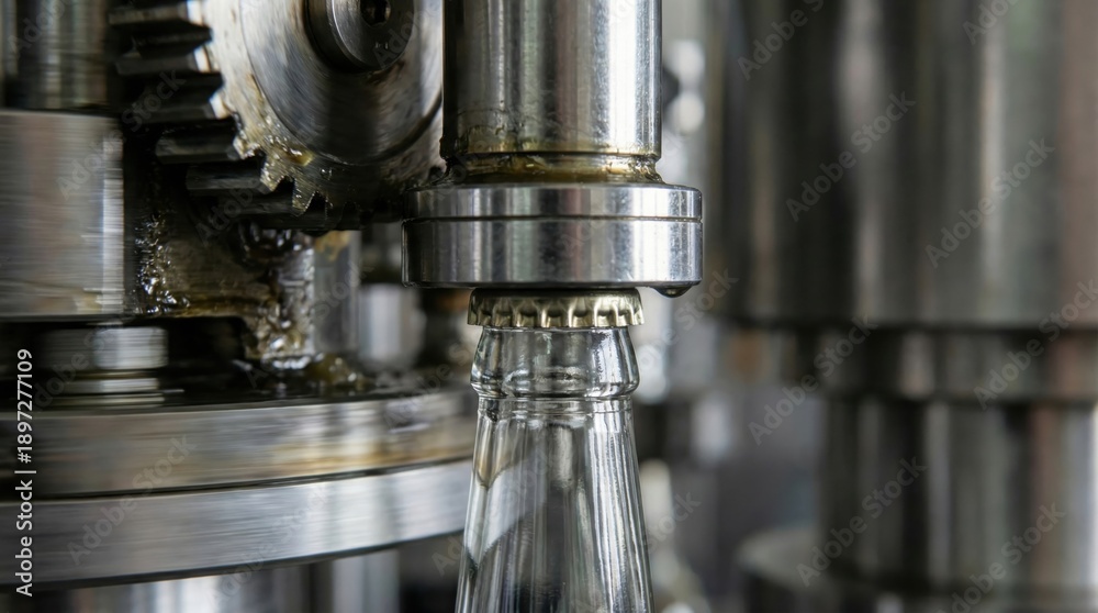 Fototapeta premium Industrial bottling machine capping a glass bottle