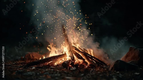 Campfire flames and flying sparks at night, cozy outdoor bonfire atmosphere for adventure, camping, and nature background footage.