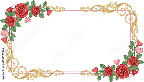 Luxurious floral frame with red roses and gold swirls