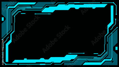 A glowing teal circuit board frame against a black background