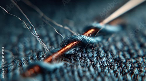 Macro closeup of twisted copper wire and fibers, electrical connection detail for repair, engineering, and technology texture backgrounds.