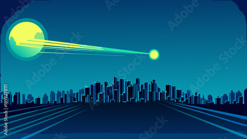 A futuristic cityscape is illuminated by a powerful beam of yellow light