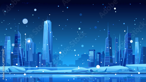 A stylized winter cityscape at night featuring snow and illuminated buildings