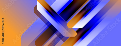 Abstract geometric composition. Diagonal lines create dynamic visual effect. Warm, cool colors blend seamlessly. Modern design elements present.
