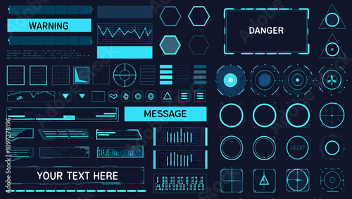 Collection of futuristic user interface elements in bright blue tones
