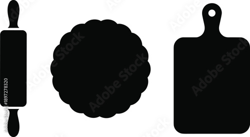 Baking tools icons set rolling pin dough cutting board pastry kitchen silhouettes vector illustration cooking design