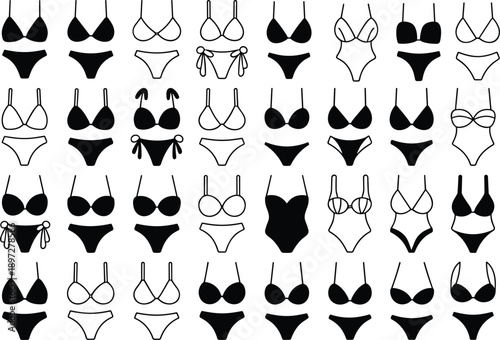 Bikini swimwear icons set women swimsuit lingerie silhouettes summer beach fashion vector illustration design collection