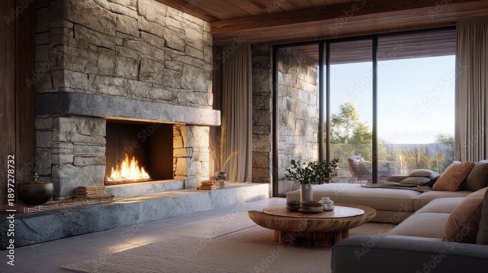 Fototapeta premium Cozy living room interior with a fireplace and large window overlooking nature. Modern home design for relaxation and comfort.
