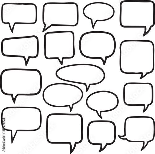 Collection of diverse hand-drawn speech and thought bubbles with black outlines on white