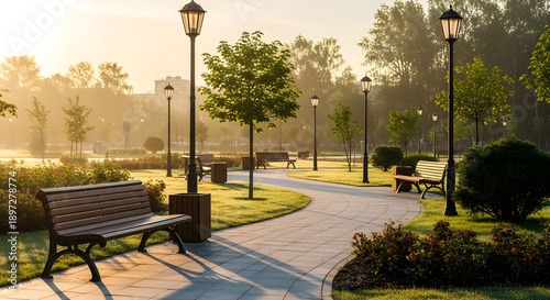 A peaceful park scene bathed in the warm glow of early morning sunlight, featuring a winding pathway, comfortable wooden benches, and elegant lampposts amidst lush green trees and manicured lawns