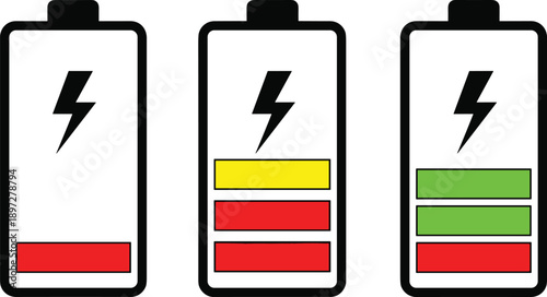 Set of Three Battery Charging Icons Showing Low Medium and High Energy Levels with Colorful Indicators and Lightning Bolt Symbols for Technology Interfaces