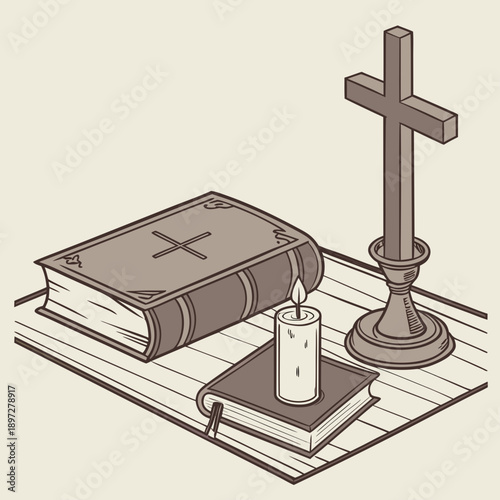 Brown bible candle and cross on wooden table book