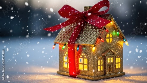 Wallpaper Mural A small, golden house adorned with lights and a red bow, set against a snowy background with falling snowflakes. Torontodigital.ca