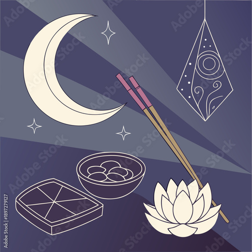 Crescent moon spiritual still life with metallic wind chime