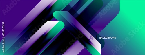 Abstract geometric design. Vivid purple, teal gradients create dynamic layered effect. Modern background suitable for digital projects.