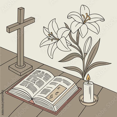Faith inspired still life with book candle and lilies