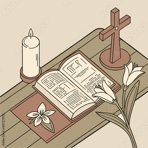 Faith still life with bible candle cross and lilies on table