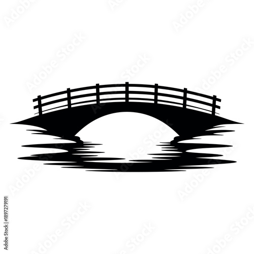 Black silhouette of an elegant arched bridge spanning water, reflecting its shape, creating a symbol of connection and passage over nature.