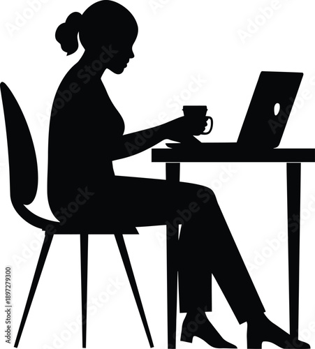 Silhouette illustration of a woman sitting on a chair working on a laptop and reading a book at a desk