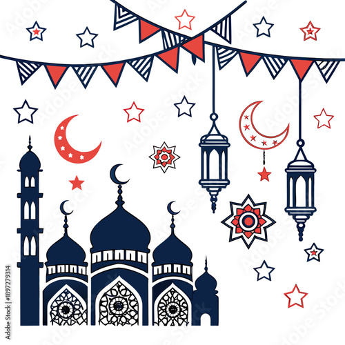 Islamic festival decoration concept with mosque lanterns stars and crescent moon