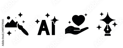 Creative design icons: paintbrush, ai, hand with heart, pen nib silhouettes
