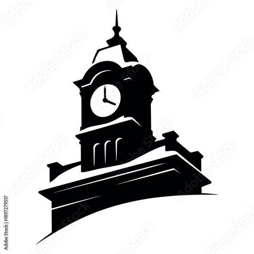 Clock tower illustration with historic architecture and minimalist black silhouette for urban design and town hall branding projects showing time at four oclock in traditional style