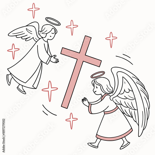 Pink cross surrounded by praying angels and stars faith