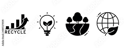 Eco-friendly icons: recycle, renewable energy, forest conservation, global sustainability