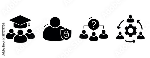 Education, security, decision-making, and teamwork icons