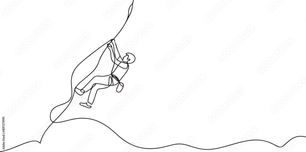 © firoz - One continuous line drawing of young bravery climber man practice overhanging rock cliff mountain with safety rope. Dangerous extreme sport concept. one line Icon drawing