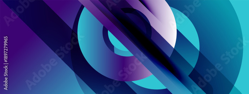 Abstract composition featuring layered circles, lines. Blue, purple hues create dynamic visual effect. Modern design element.