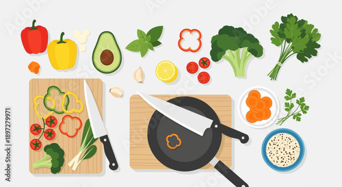 Overhead view of fresh vegetables, herbs, and cooking utensils arranged on a light background, ready for meal preparation.