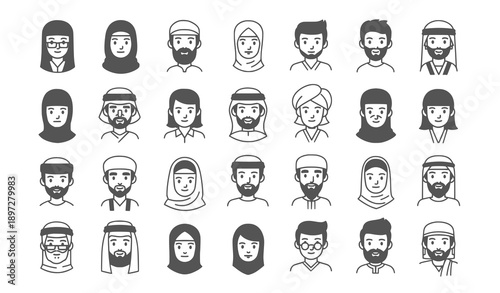 Arabian Muslim People Line Icon Avatar Set with Editable Outline Faces in Monochrome Flat Style