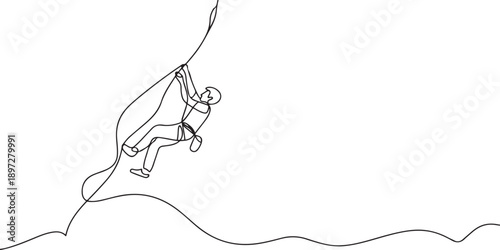 One continuous line drawing of young bravery climber man practice overhanging rock cliff mountain with safety rope. Dangerous extreme sport concept. one line Icon drawing