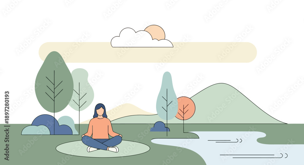 Obraz premium A minimalist illustration of a woman meditating peacefully in a serene natural landscape with trees, hills, and a river under a calm sky.