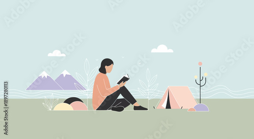 Minimalist illustration of a person reading a book while camping in a serene natural landscape with mountains and a tent under a clear sky.