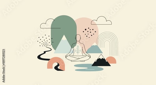 A minimalist illustration of a person meditating in a lotus pose amidst abstract mountains, clouds, and a flowing river, rendered in earthy tones.